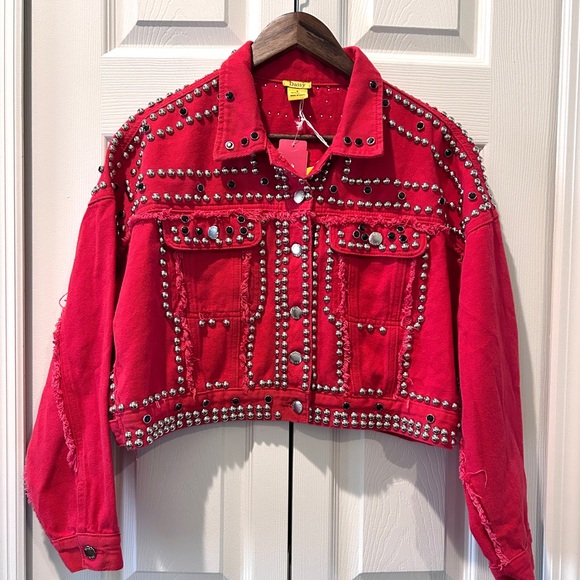 Y2K Studded Red Cropped Denim Jacket ✨ Crystal Embellished Statement | Size S - Picture 3 of 10